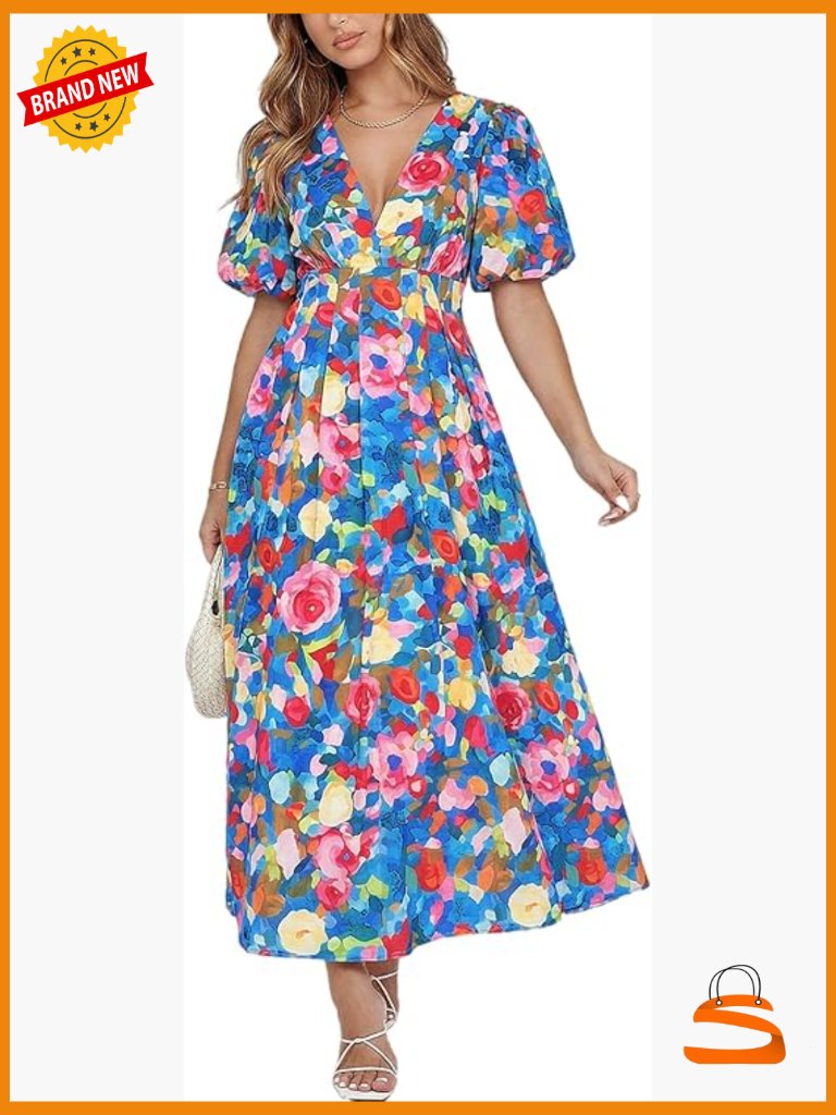 Women's Floral Maxi Dress Short Sleeve V-Neck Fit & Flare Wedding Guest